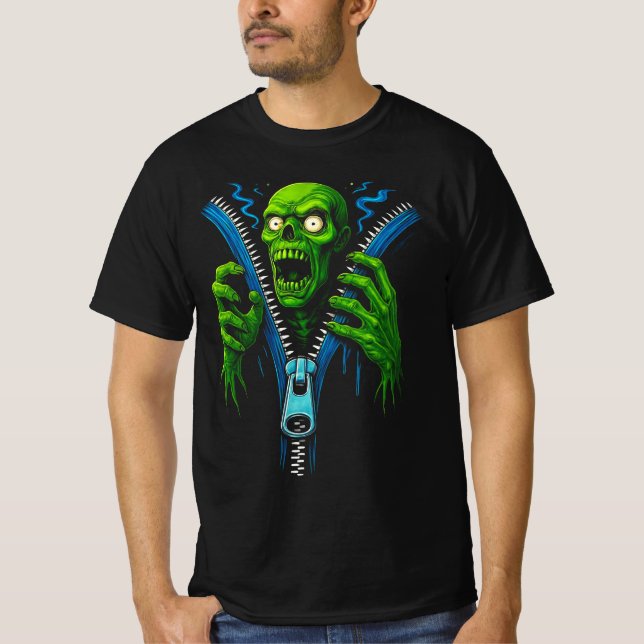 Zombie Zipper Illusion | 3D Skräck Grafisk T-Shirt (Framsida)
