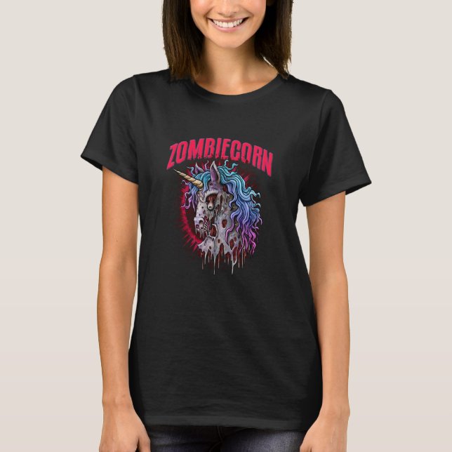 Zombiecorn Zombie Unicorn Scary Halloween Gothic T Shirt (Framsida)