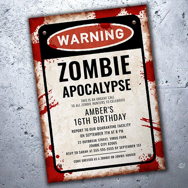 Zombiefest med VARNING-skylt och blodfläckar Inbjudningar (Skapare uppladdad)