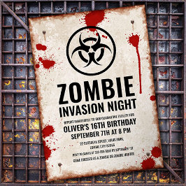 Zombieinvasion med blodfläckar och rostig skylt inbjudningar