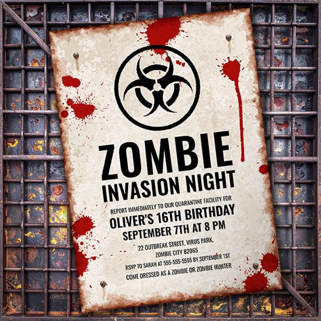 Zombieinvasion med blodfläckar och rostig skylt inbjudningar (Skapare uppladdad)