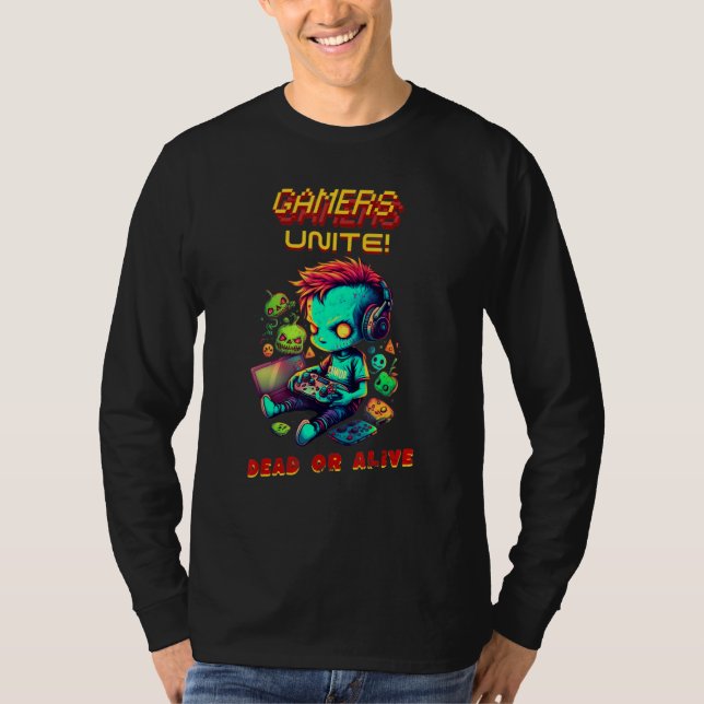 Zombies Gamers Unite Arcade Game Virtual Player Te T Shirt (Framsida)