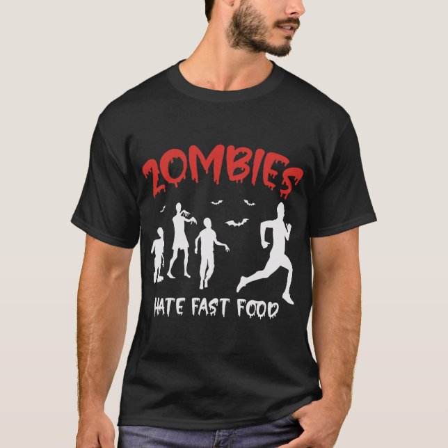 Zombies hatar snabbmat Halloween Fläkt Funny T Shirt (Framsida)