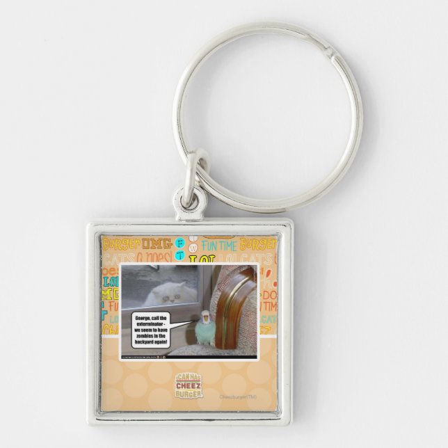 Zombies i trädgården fyrkantig silverfärgad nyckelring (Framsidan)