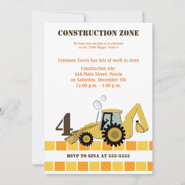 Zona Backhoe Boys Birthday Inbjudan (Framsida)