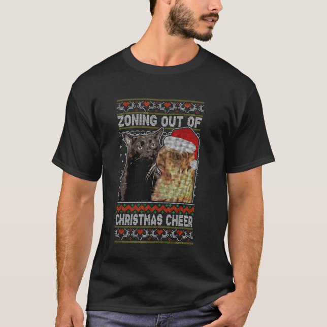 Zoning utanför jul Cheer Cat Staring Christma T Shirt (Framsida)