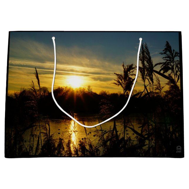 Zonsondergang bij een meertje met rietpluimen. (Framsidan)