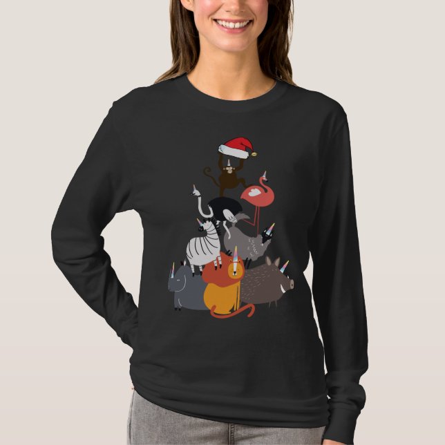 Zoo Animal Julgran Safari Jungle Santa Hat T Shirt (Framsida)