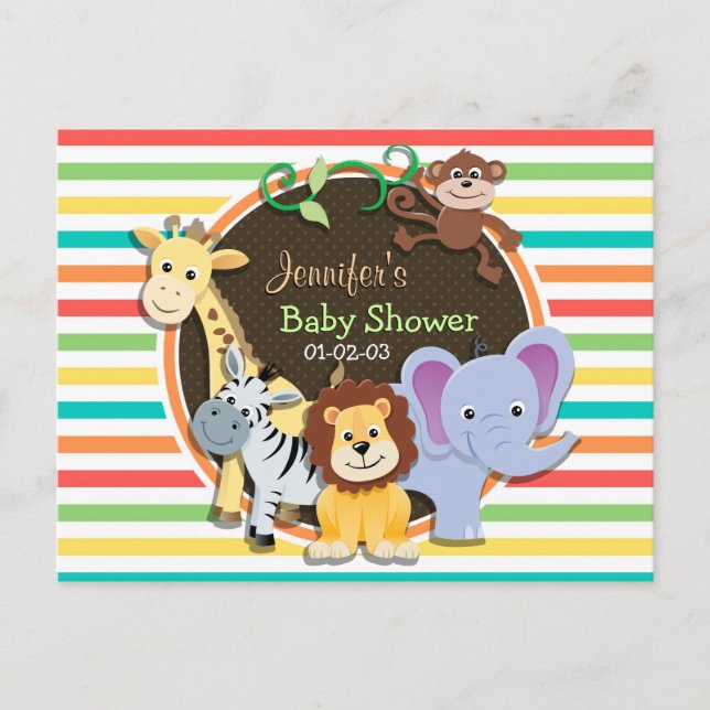 Zoo Animals Baby Shower, Bright Rainbow Rand Inbjudan Vykort (Framsida)