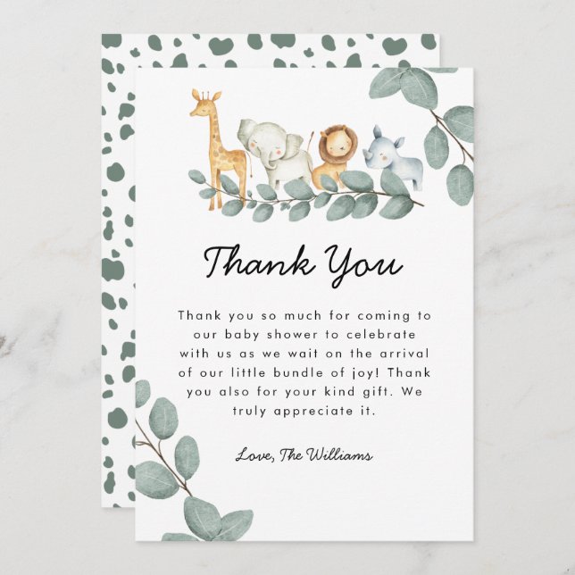 Zoo Animals Baby Shower Gender Neutral Tack Kort (Fram/baksida)