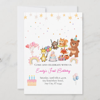 Zoo animals cute first birthday invitation inbjudningar