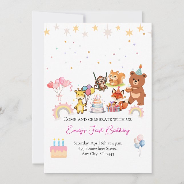 Zoo animals cute first birthday invitation inbjudningar (Framsida)