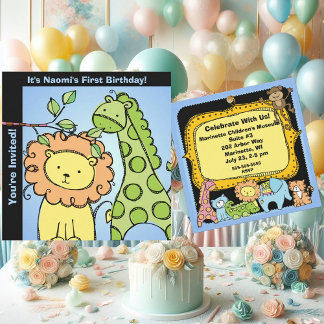 Zoo Animals Giraffe Lejon Birthday Anpassningsbar  Inbjudningar