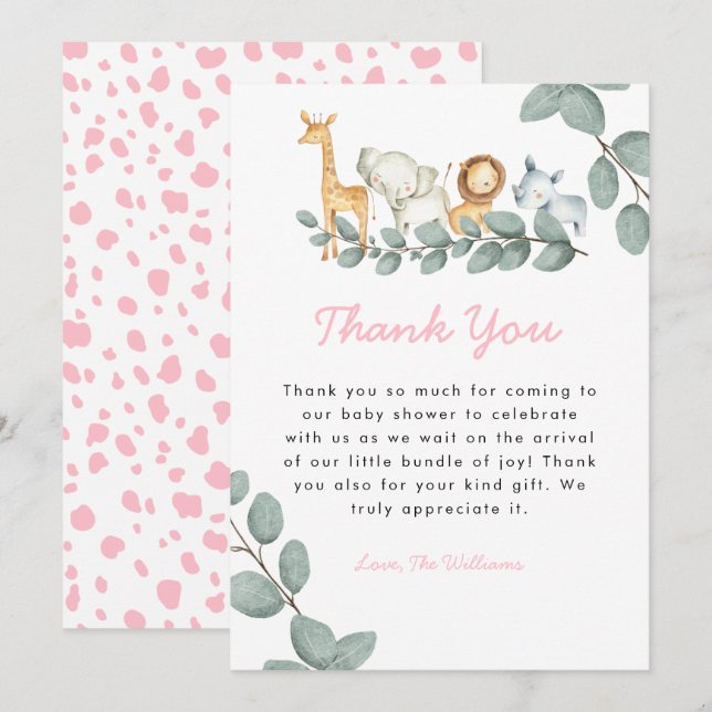Zoo Animals Girl Baby Shower - tackkort Tack Kort (Fram/baksida)