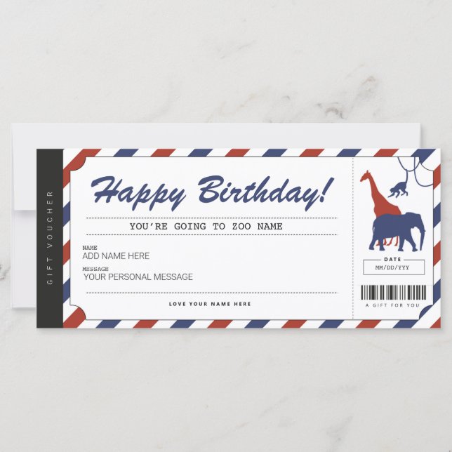 Zoo Birthday Gift Biljett Voucher Certificate (Framsida)