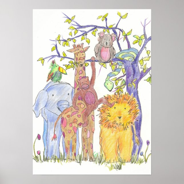 Zoo Jungle Animals Childrens Room Art Poster (Framsidan)