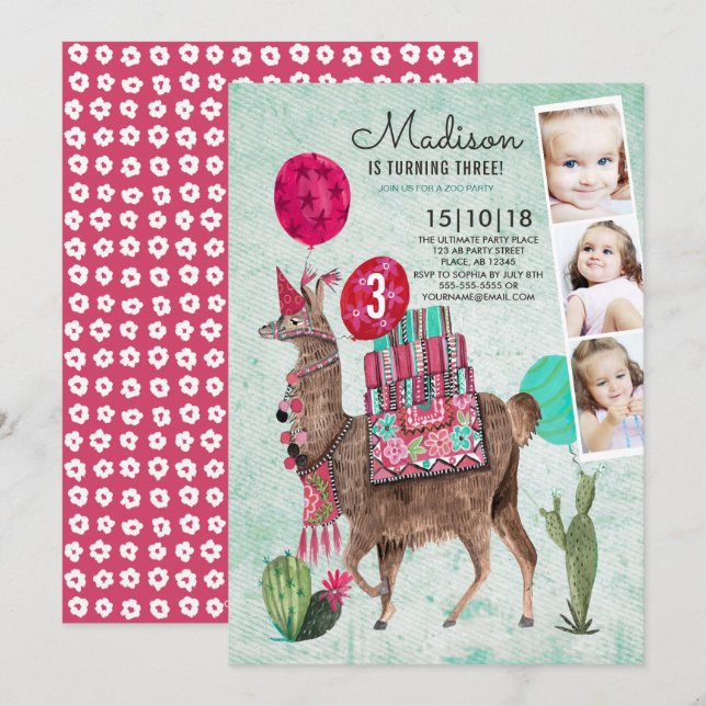 Zoo Party Birthday | Llama | Inbjudan (Fram/baksida)