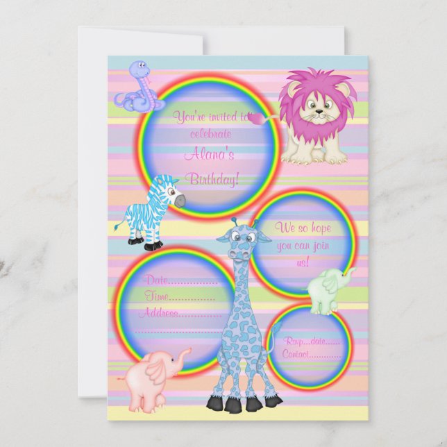 ZOO RAINBOW PARTY INBJUDAN ROSA rand (Framsida)