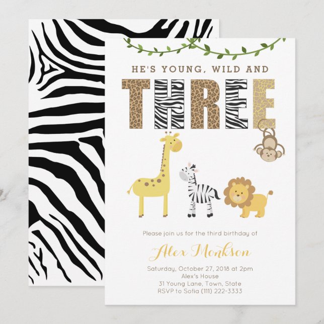 Zoo Safari Animals 3:e födelsedag Party for Boy Inbjudningar (Fram/baksida)