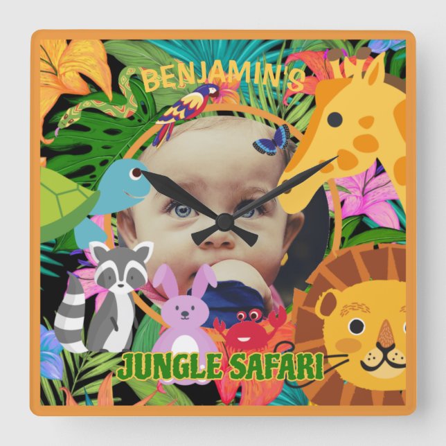 Zoo Vild Animal Jungle Safari Barns födelsedag Fyrkantig Klocka (Framsida)