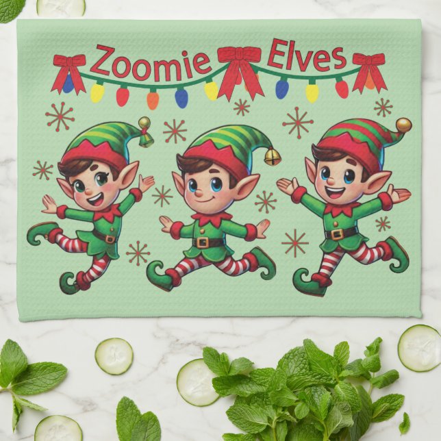 Zoomie Elves jul Kökshandduk (Vikta)