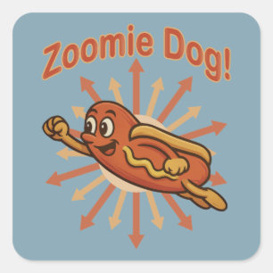 Zoomie Hund Flygande Hot Dog Tecknad Film – Rolig Fyrkantigt Klistermärke