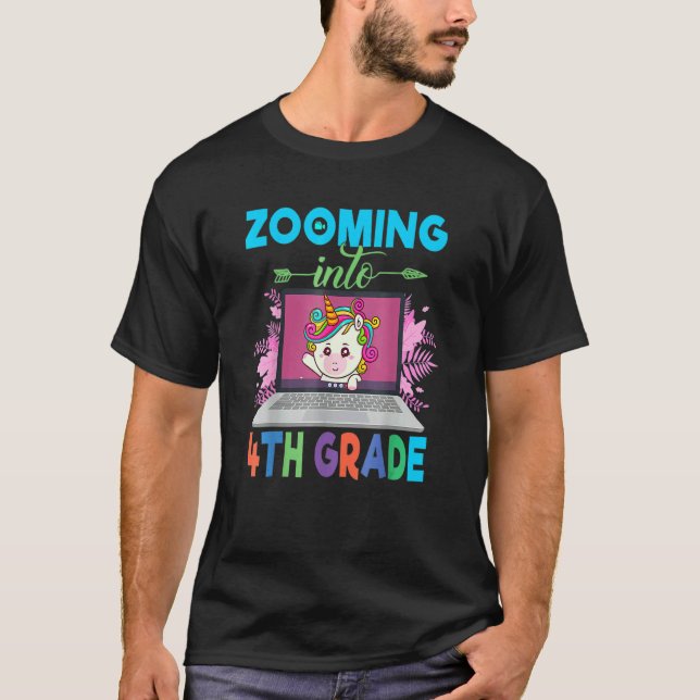 Zooming Into 4th Grade  Unicorn Virtual Back To Sc T Shirt (Framsida)