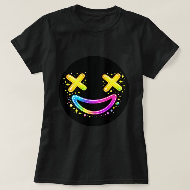 ZOYNKLAB Neon X-Eyes Leende Ansikte Regnbåge Graff T Shirt (Design framsida)