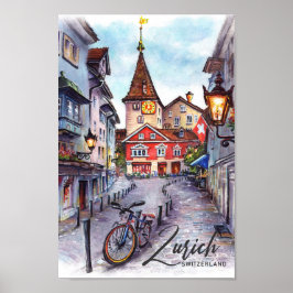 Züch Schweiz Watercolor Painting Travel Poster