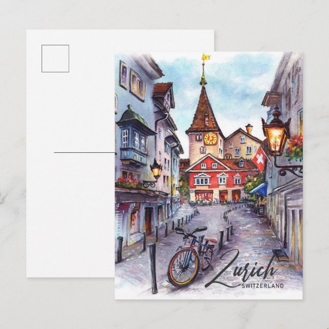 Züch Schweiz Watercolor Painting Travel Vykort (Fram/baksida)