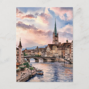 Züch Schweiz Watercolor Painting Vykort