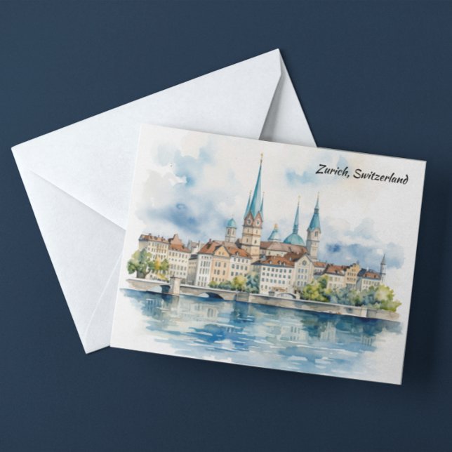 Züch Schweiz Watercolor Painting Vykort (Zurich Switzerland Watercolor Painting Postcard)