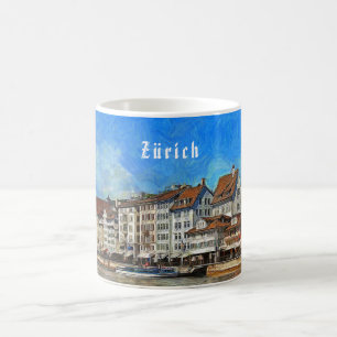Zurich. Beskåda av den Limmat flodinvallningen Kaffemugg