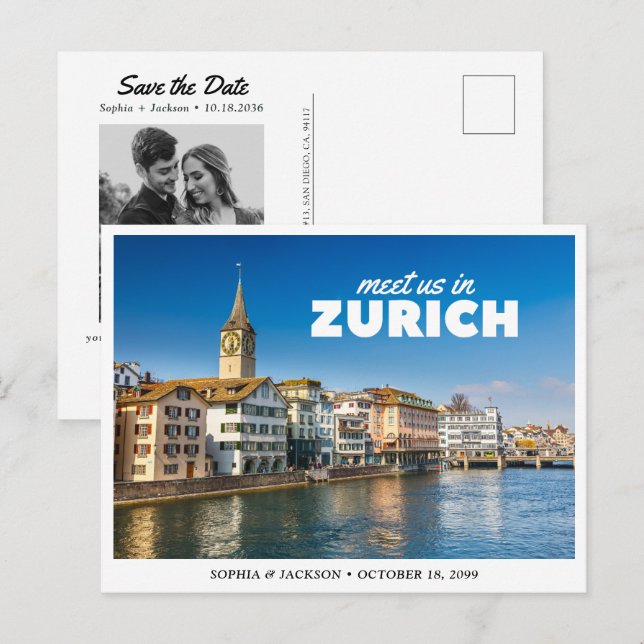 Zurich Bröllop Spara Datum Retro Vykort (Fram/baksida)