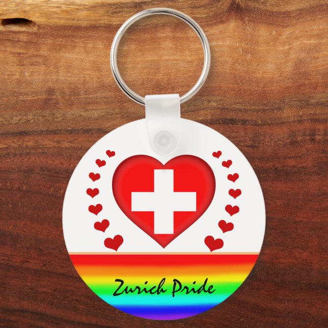 Zurich-Pride & Hearts & Rainbow Flagga / Kärlek Nyckelring (Framsida)