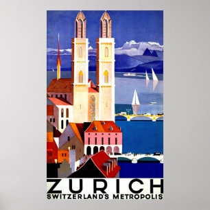 Zurich Schweitz stad, kyrka, vintage resor Poster