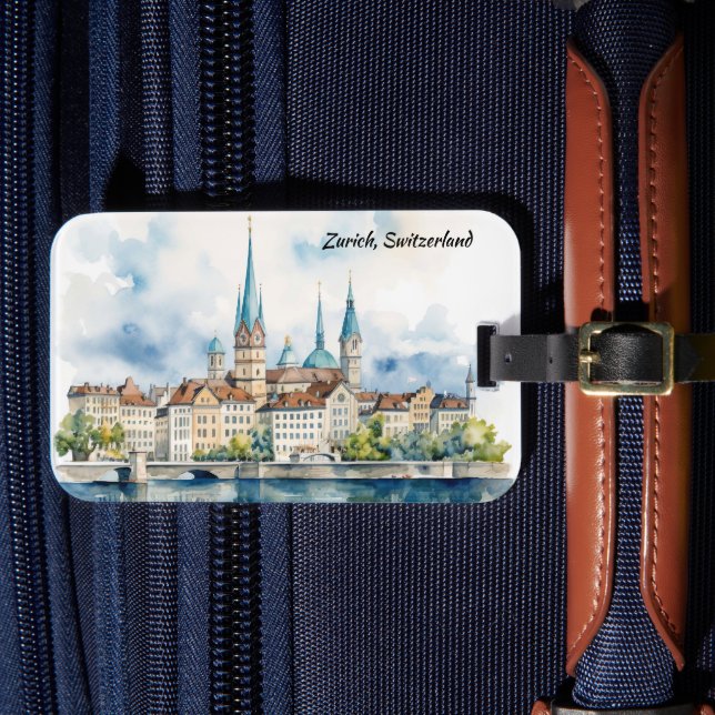 Zürich Schweiz Akvarellmålning Bagagebricka (Framsida Insitu 4)