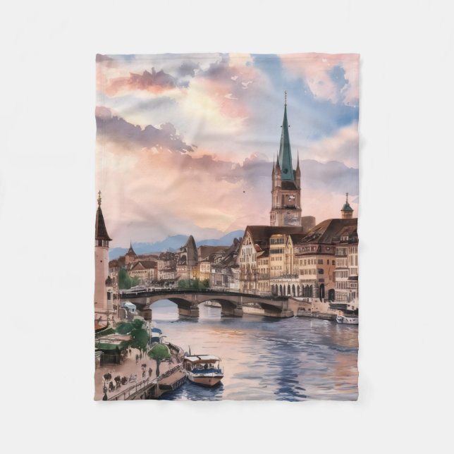 Zürich Schweiz Akvarellmålning Fleecefilt (Framsidan)
