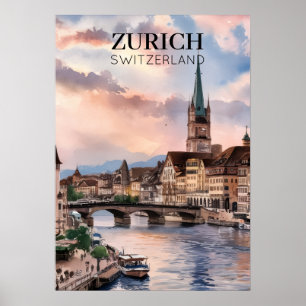 Zürich Schweiz Akvarellmålning Poster