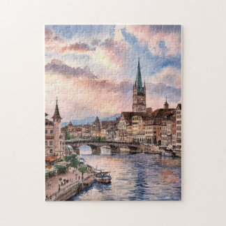 Zürich Schweiz Akvarellmålning Pussel