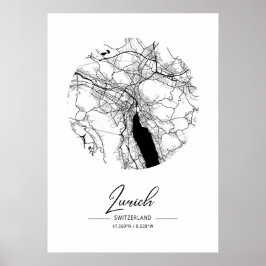 Zürich - Schweiz Black Vatten City Karta Poster