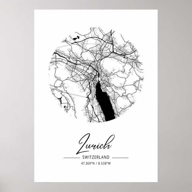 Zürich - Schweiz Black Vatten City Karta Poster (Framsidan)