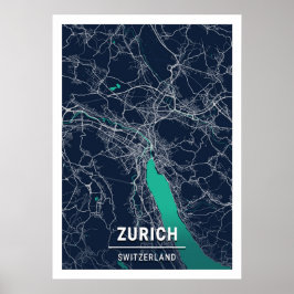 Zürich - Schweiz Blue Mörk City Karta Poster