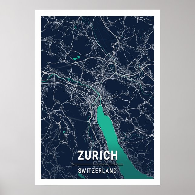 Zürich - Schweiz Blue Mörk City Karta Poster (Framsidan)