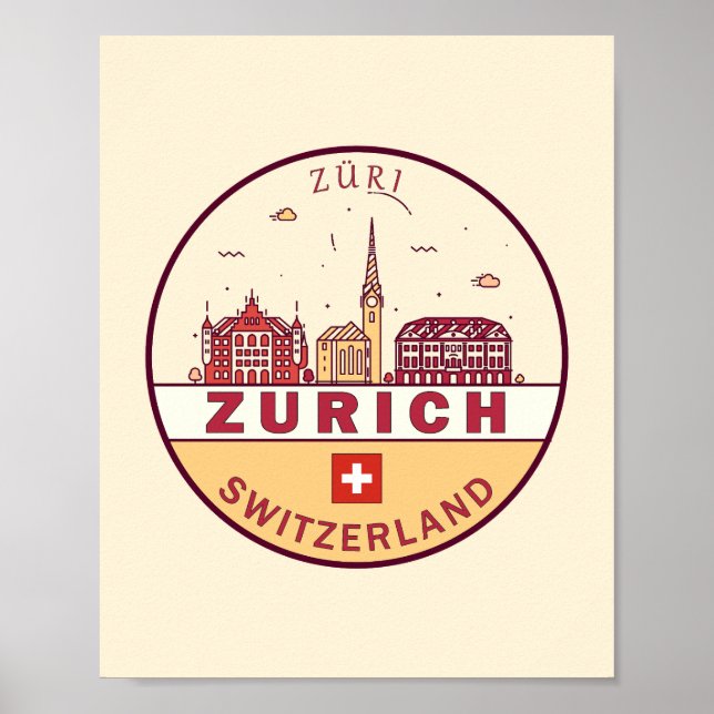 Zurich Schweiz City Skyline Emblem Poster (Framsidan)