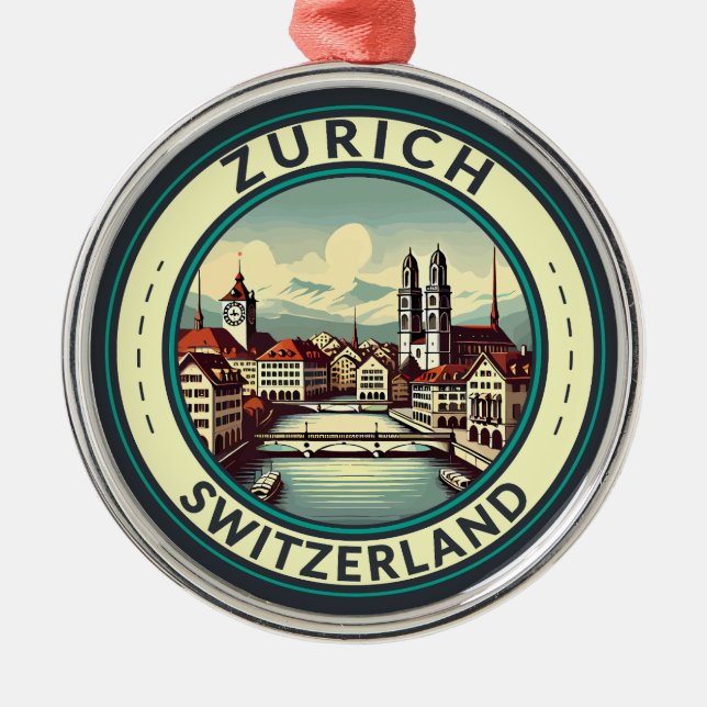 Zürich Schweiz Illustration Travel Art Badge Julgransprydnad Metall (Framsidan)