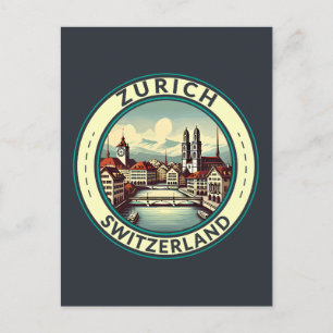 Zürich Schweiz Illustration Travel Art Badge Vykort