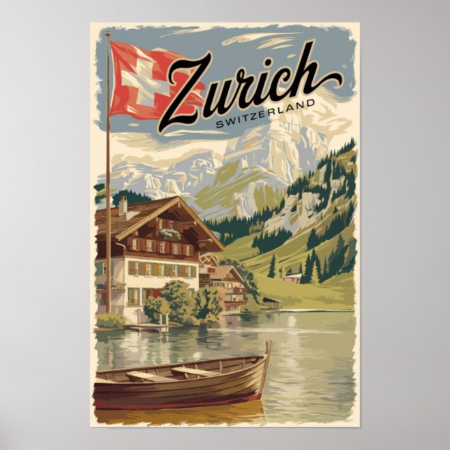 Zürich Schweiz Målerisk Reskonst Vintage Poster (Framsidan)