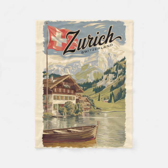 Zürich Schweiz Painterly Travel Art Vintage Fleecefilt (Framsidan)