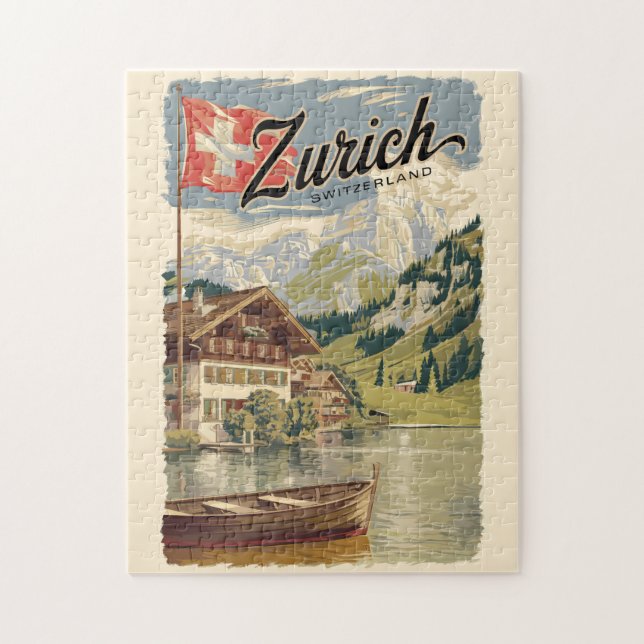 Zürich Schweiz Painterly Travel Art Vintage Pussel (Vertikal)